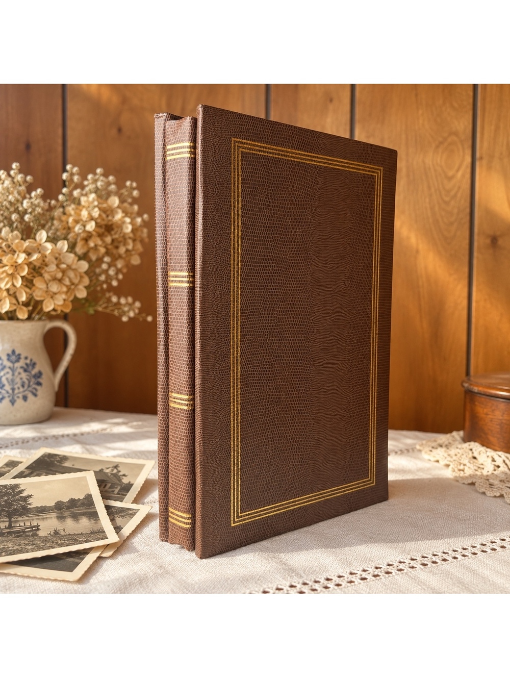 Vintage Photo Album Brown Textured Cover Gold Trim Picture Pocket Pages
